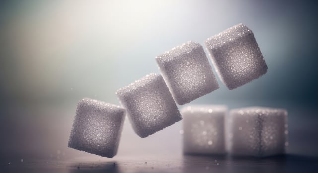 Several sugar cubes are arranged in a diagonal line some falling against a softly lit outoffocus background photo