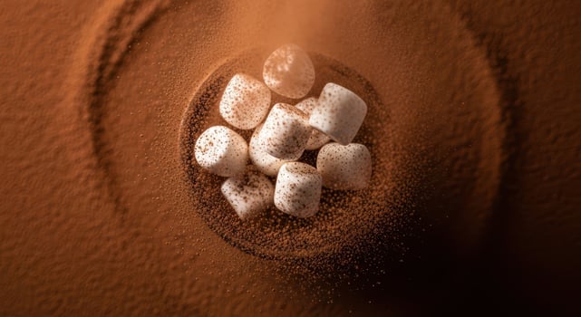 A topdown view of fluffy white marshmallows scattered in a circle of rich cocoa powder suggesting a warm and sweet beverage photo