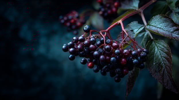 Close-up of dark elderberries on a branch, covered in water droplets. photo