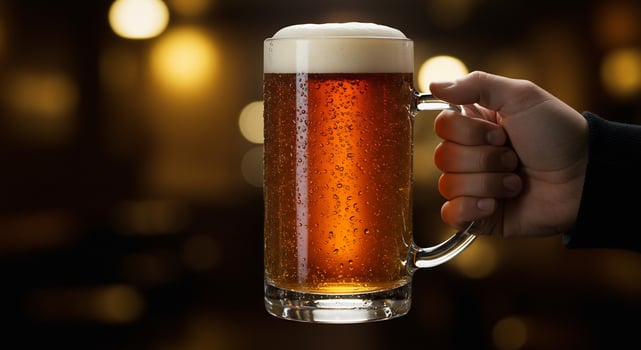 Close-up of a hand holding a refreshing, cold beer mug with foam. Great for pubs or celebrations. photo