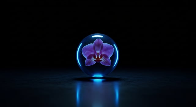 Stunning purple orchid inside a transparent sphere, highlighted by futuristic blue light. photo