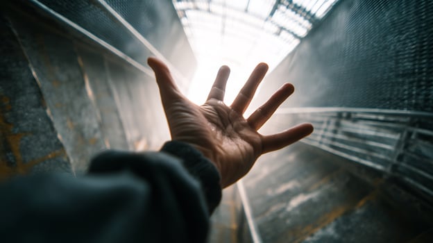 Close-up of a hand reaching up towards bright light in a dark, long tunnel. photo