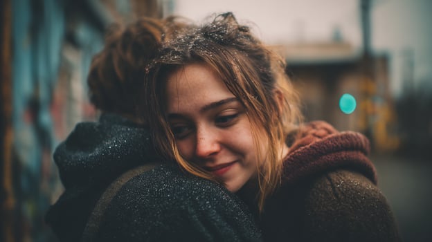 Close-up of a smiling young woman hugging someone, small snowflakes on her hair. photo