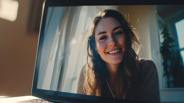 Happy young woman smiles during a call on a laptop screen. photo