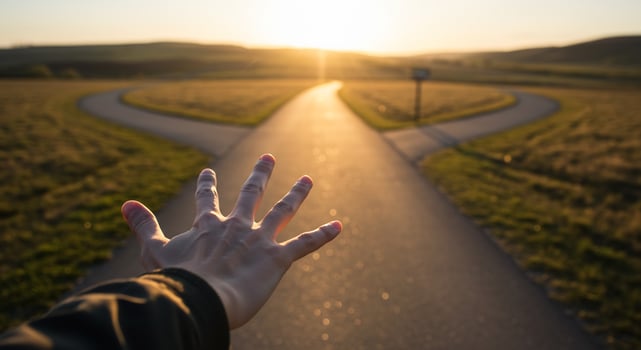 Hand reaching towards a fork in the road, symbolizing choice and future direction. photo