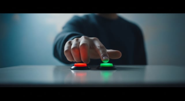 A person's hand selects a bright green button, making a decision. photo