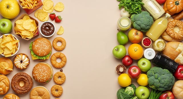 Top view of healthy fruits, vegetables, and unhealthy fast food. Balanced diet concept. photo