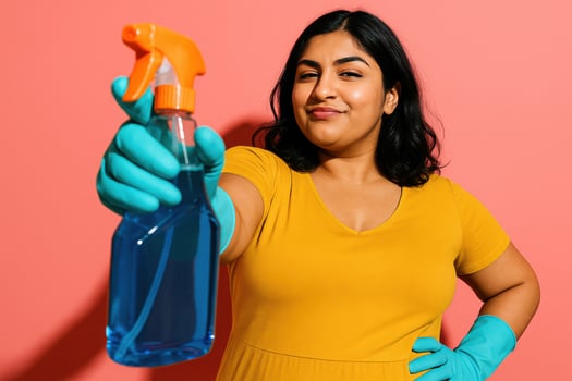 Confident woman holding cleaning spray bottle with rubber gloves photo