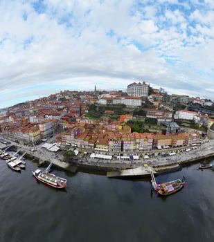 Aerial view of the old city of Porto. Portugal old town ribeira aerial promenade view with colorful houses. photo