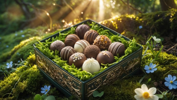Chocolate eggs in a box on the grass photo