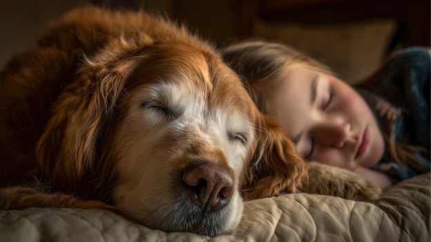 Child sleeping next to golden retriever photo