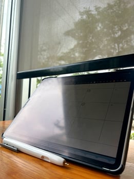 Digital planner in Tablet and Stylus on Table, Business meeting online concept photo