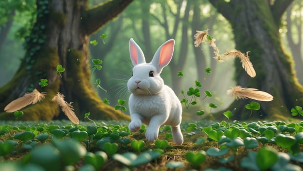 White rabbit in the forest with green leaves and feathers photo