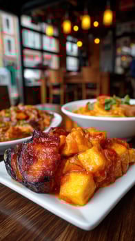 A table with a couple of plates of food on it photo
