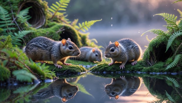Two squirrels are standing in the water with their reflection photo