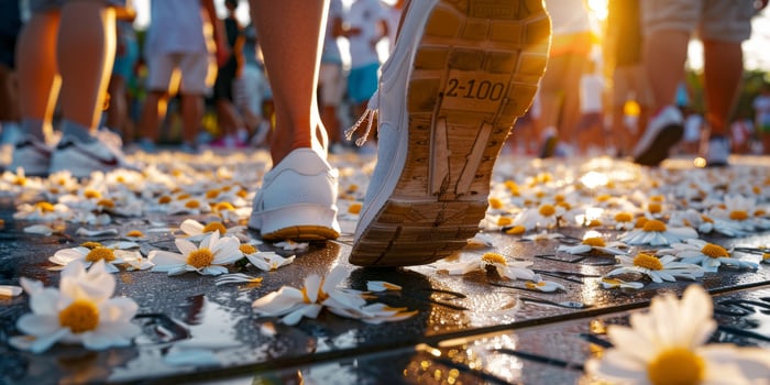 Runner walking on wet pavement covered with daisies at sunset photo