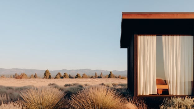 Modern off-grid cabin with large windows overlooking desert landscape at golden hour. Sustainable eco-living house architecture in remote wilderness with natural vegetation and mountains. photo