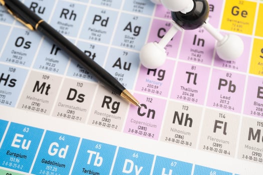 Molecules chemical on a periodic table back. photo