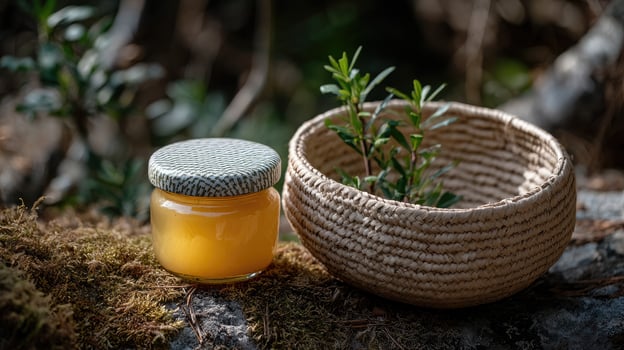 A jar of honey and a basket of herbs photo