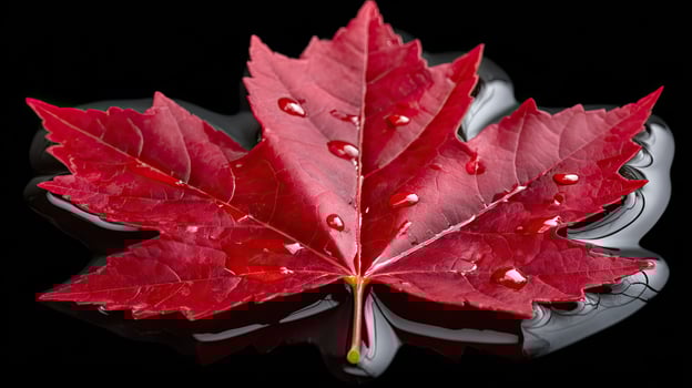 A red maple leaf is shown in the water photo
