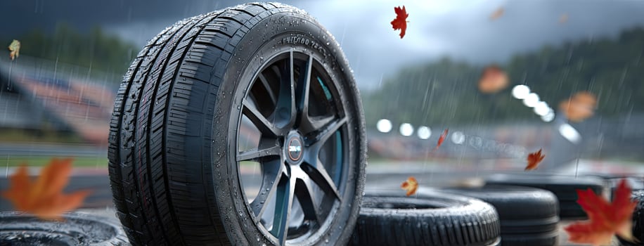 A tire is shown on a track with autumn leaves photo