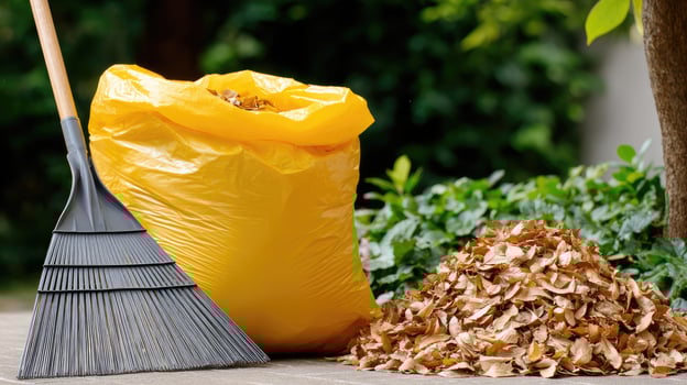 A pile of leaves and a broom on a wooden table photo