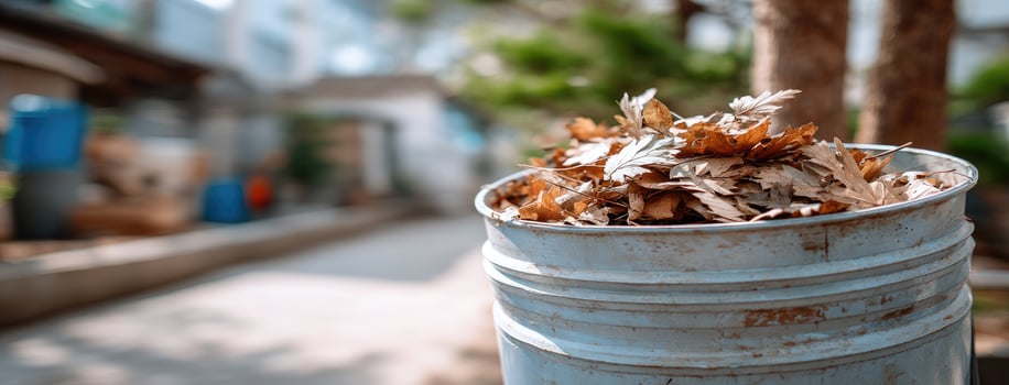 A bucket filled with leaves on the street photo