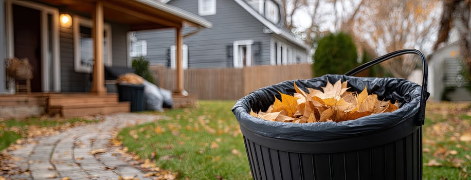 A black trash can filled with leaves in front of a house photo