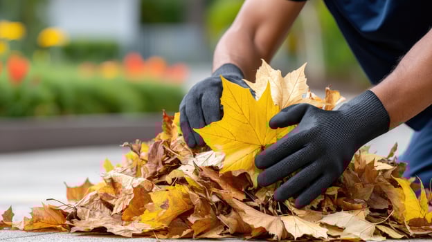 A man in black gloves picking up leaves photo