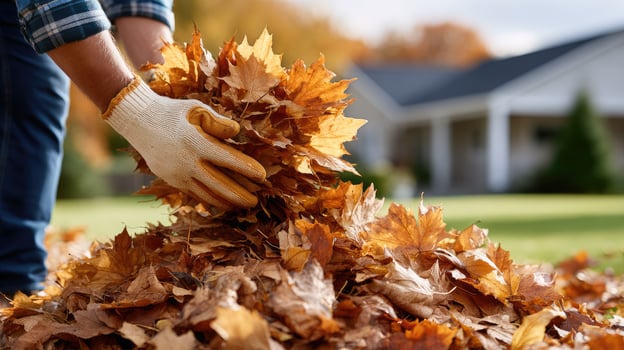 A person is picking up leaves from a pile of leaves photo