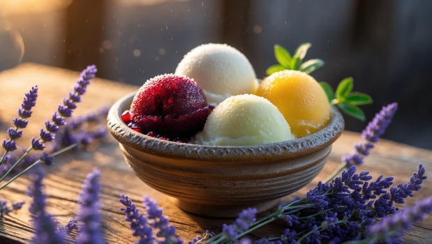 Three ice cream balls in a bowl with lavender flowers photo