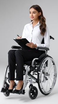 A woman in a wheelchair with a clipboard photo