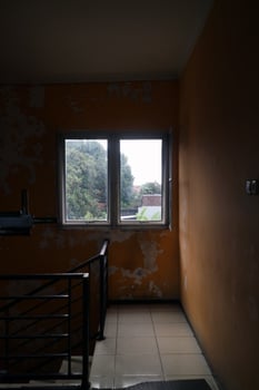 Peeling Paint Stairwell with Window and Greenery photo