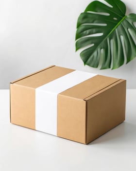 A brown cardboard box with white stripes on a table photo