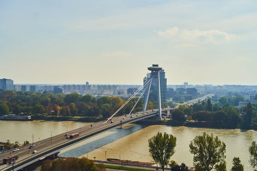 Slovakia, Bratislava - October 8, 2022. Top view of the Bridge of the Slovak National Uprising and the Danube River photo