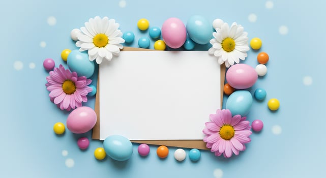 Easter Card with Pastel Eggs, Daisies, Candy on Blue Background. photo