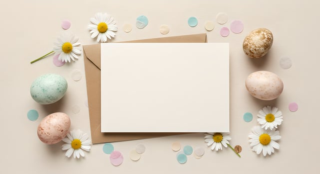 Blank card with daisies and muted eggs on ivory paper, perfect for modern holiday branding. photo