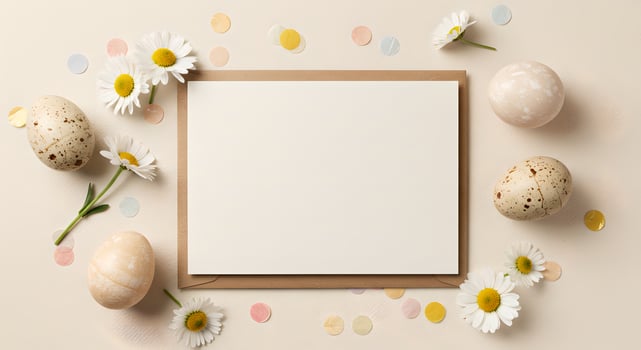 Minimalist Easter Invitation with Card, Daisies, Eggs, and Confetti. photo