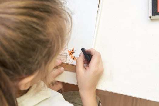 Young caucasian female child drawing with crayon on white paper at desk, focusing on creating art. photo