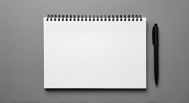 Blank Spiral Notebook with Black Pen on Monochrome Surface Layout. photo