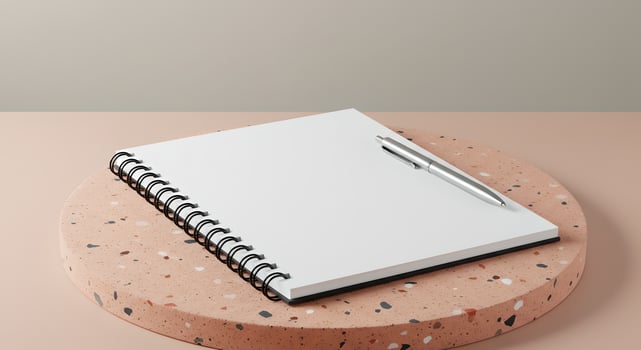 Spiral notebook with silver pen on terrazzo surface, perfect for creative planning and branding mockups. photo