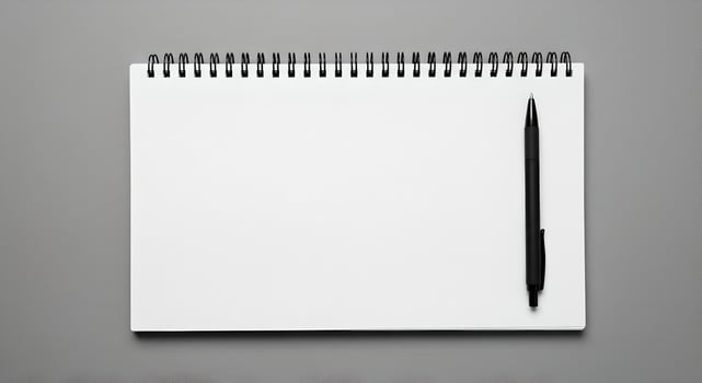 Notebook and black pen on smooth surface with soft lighting, ideal for branding and layout mockups. photo