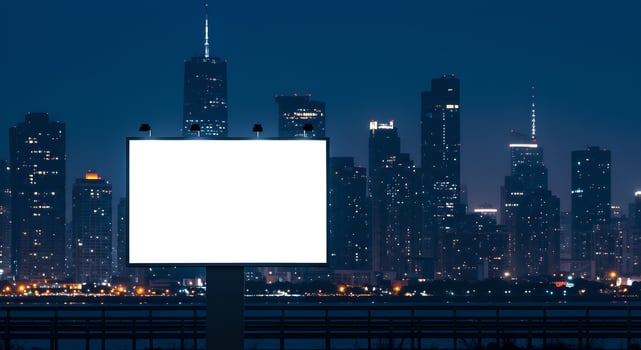 Bright billboard in front of glowing skyscrapers at blue hour, perfect for commercial branding mockups. photo