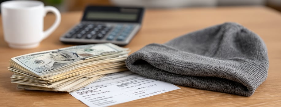 A hat, a calculator and a stack of money on a table photo