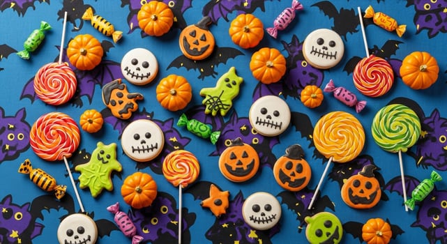 Bright Flat Halloween Treats Composition with Cookies, Candies, and Mini Pumpkins photo