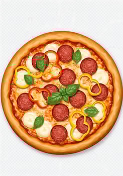 Pizza with pepperoni, cheese and basil on a white background photo