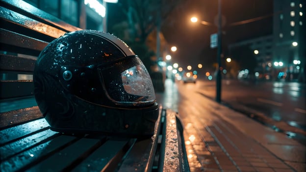 Black motorcycle helmet with rain droplets resting on a bench in moody urban night scene with street lights and reflections. photo