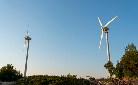 Wind turbines stand tall against a clear blue sky in a serene landscape during golden hour photo