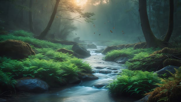Flowing River Through Lush Green Forest with Soft Sunlight and Ferns photo
