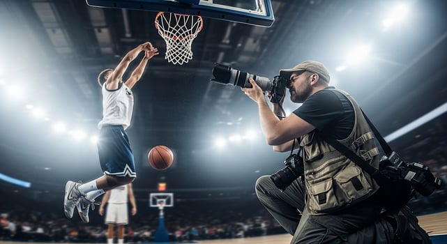 Basketball Player Dunking, Photographer Capturing Action, Arena Setting. photo